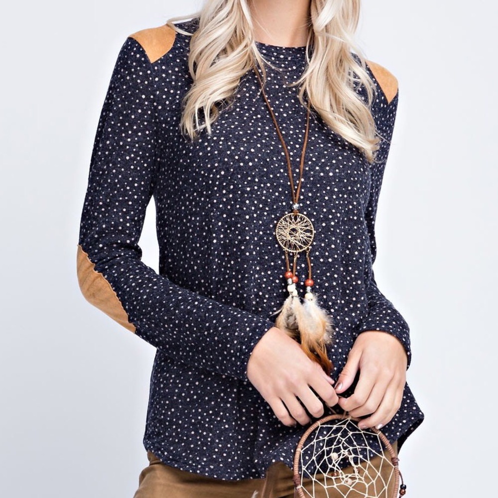 NWOT Navy lightweight sweater/top with dot print and elbow patches